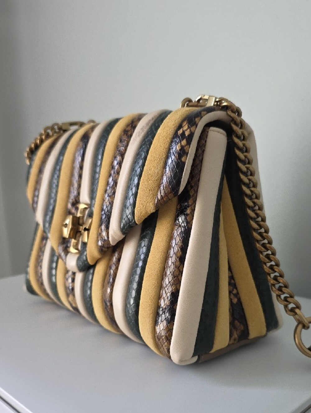 Tory Burch Kira Mustard Green Multi-Stripe Leather and Suede Shoulder Bag - Picture 6 of 6